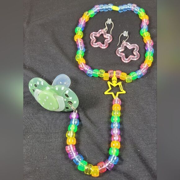 Jolly Rancher Kandi Kid Drop Necklace Binky Cord Binky Earring Rave Set - Picture 1 of 9